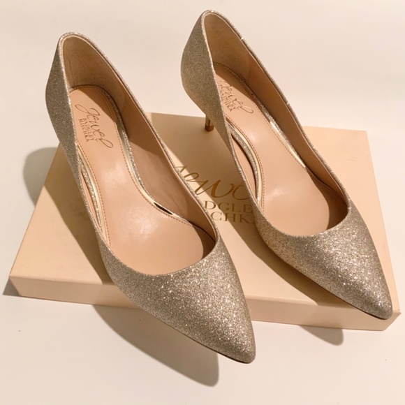BADGLEY MISCHKA Royalty Gold Glitter Pointed Toe Kitten Heel Pumps Dress Shoes - Picture 3 of 7
